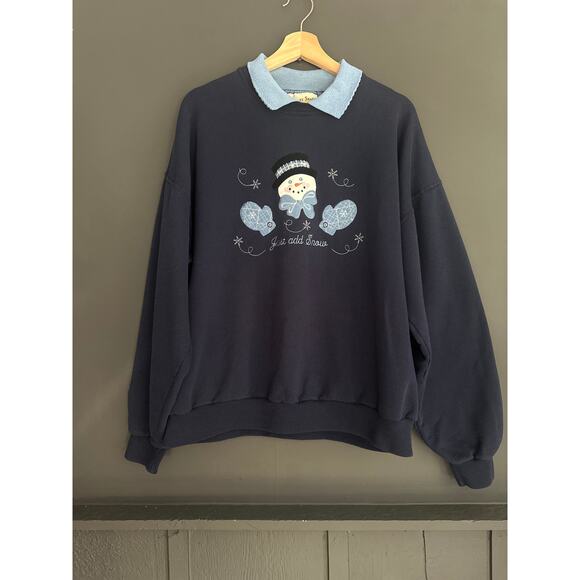 Vintage Double Collar Navy Blue Snowman Christmas Holiday Crewneck Sweatshirt XL - Picture 7 of 8